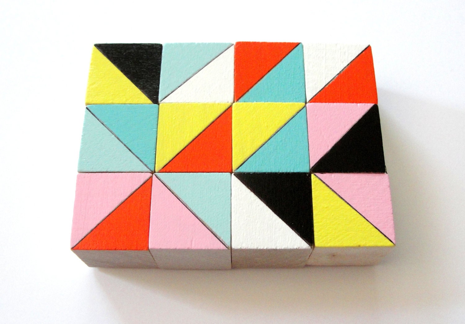 12 Color Block Magnets - BESTSELLER - Hand Painted Wood Blocks in TOKYO SET (Pink, Aqua, Yellow) - Geometric, Triangles, Color Block