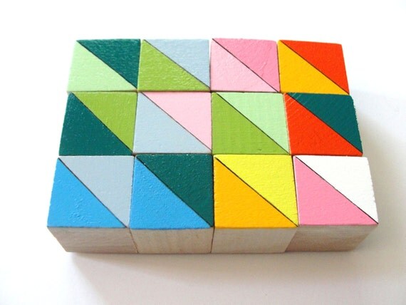 12 Color Block Magnets - Hand Painted Wood Blocks in RIO SET (Pink, Green, Blue, Orange) - Geometric, Triangles, Color Block