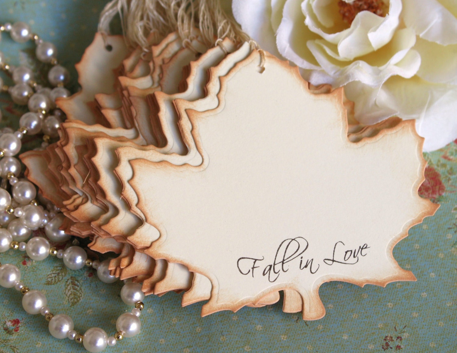 Wish Tree Wedding Tags - Fall In Love- Vintage Wedding- Leaf Shape - Set of 6