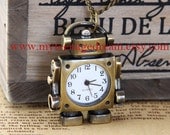 Vintage style Robot Pocket watch Necklace,  the arms can move