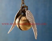 Harry potter Enchanted Golden Snitch ball locket  Ball necklace, locket WATCH with Double Sided Silver Wings, pocket watch
