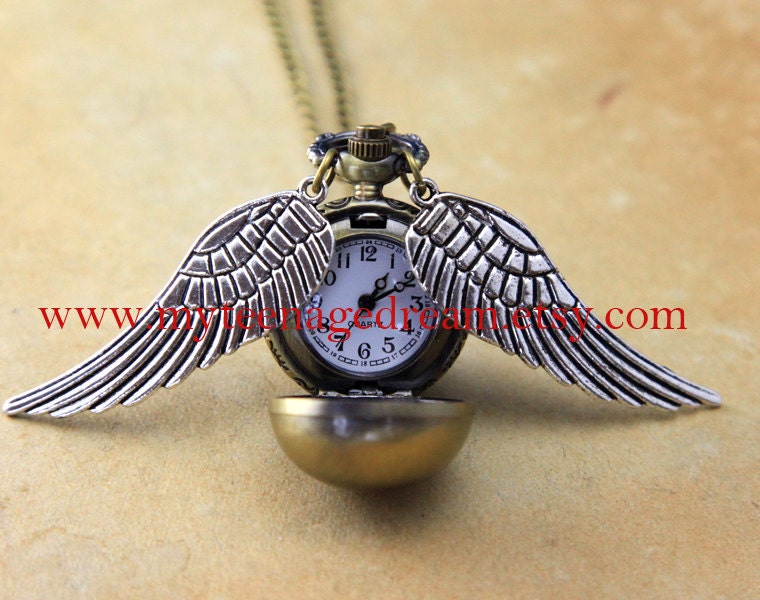 Harry potter Enchanted Golden Snitch ball locket Ball necklace, locket pocket WATCH with Double Sided Silver Wings