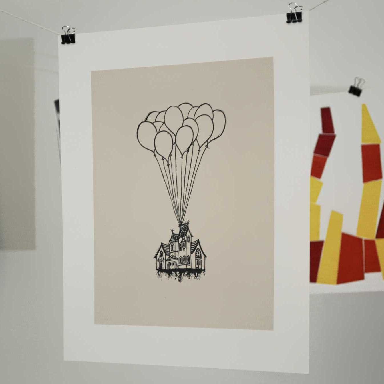 Victorian Balloon House Linocut Block Print