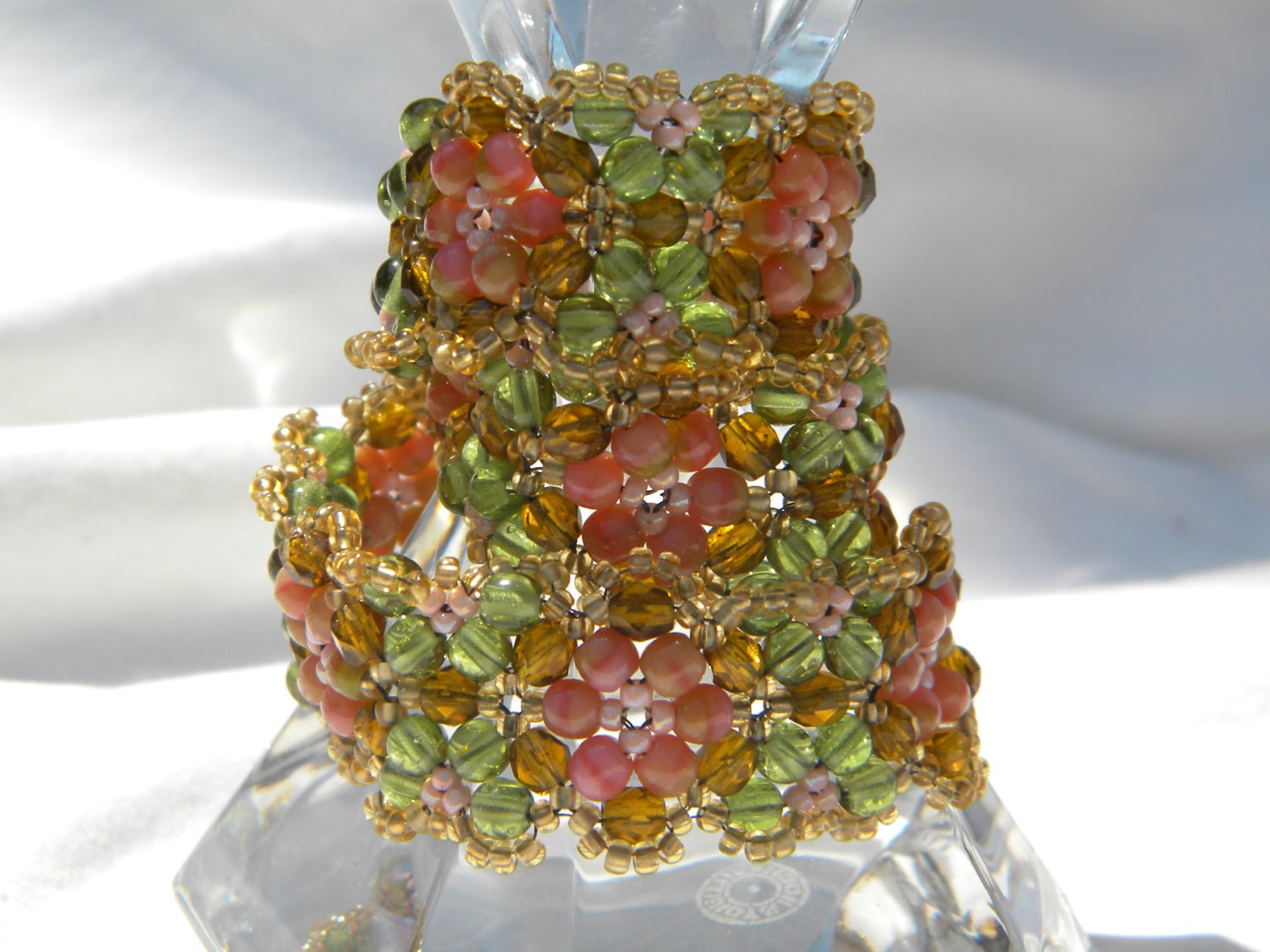 Garden of Flowers ... beaded necklace choker pink coral salmon green peridot moss olive enchanting faerie beadwork brown sand topaz