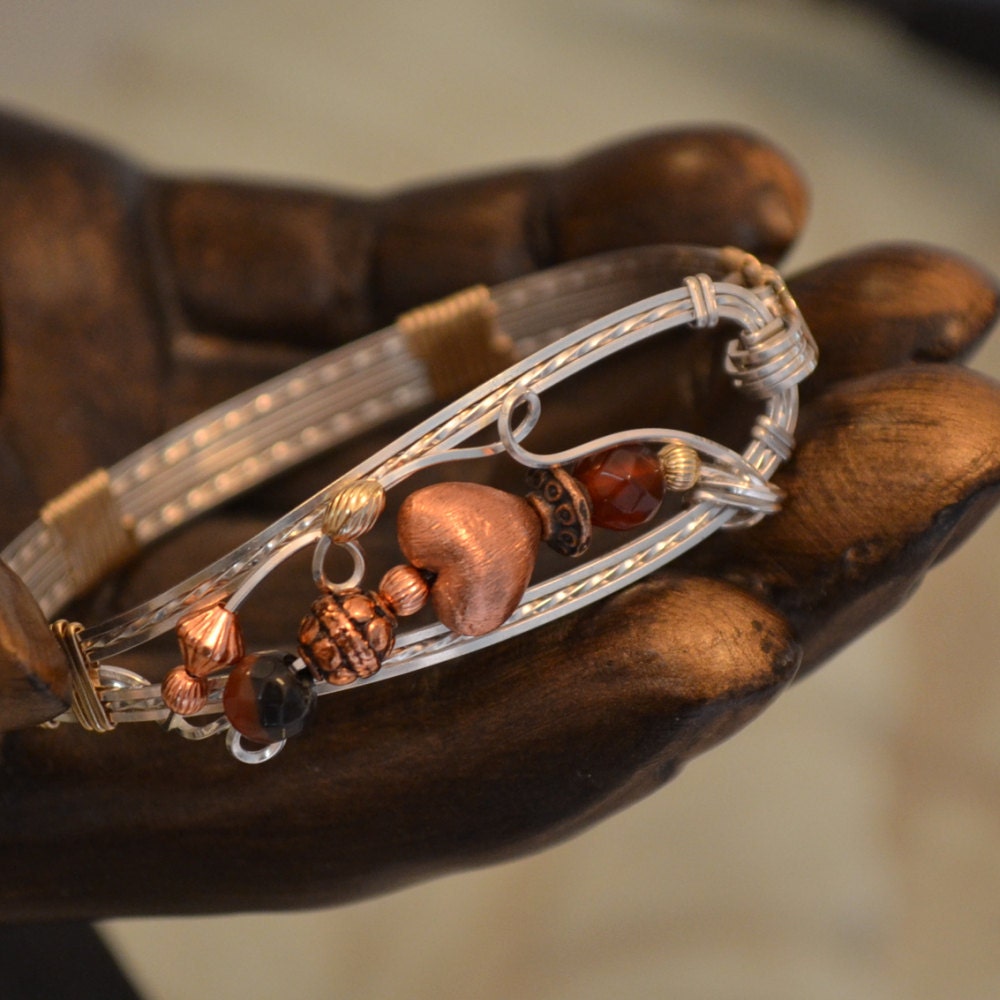 Wire wrapped Bracelet.  Sterling copper 14K gold filled.  Unique top closure.  OOAK