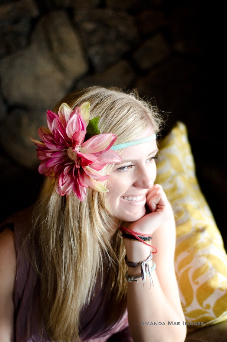 Konnie- Bright Spring hair flower, Buttons n' Blossoms Gerbera Daisy, Large summer blossom in pink, teal headband - ButtonsnBlossoms