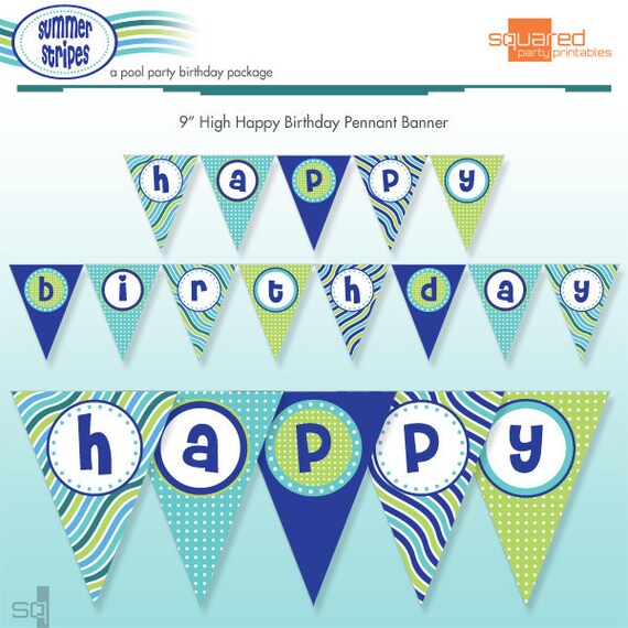 Printable Pool Party Happy Birthday Banner - DIY Print - Summer Stripes - Ocean Il_570xn