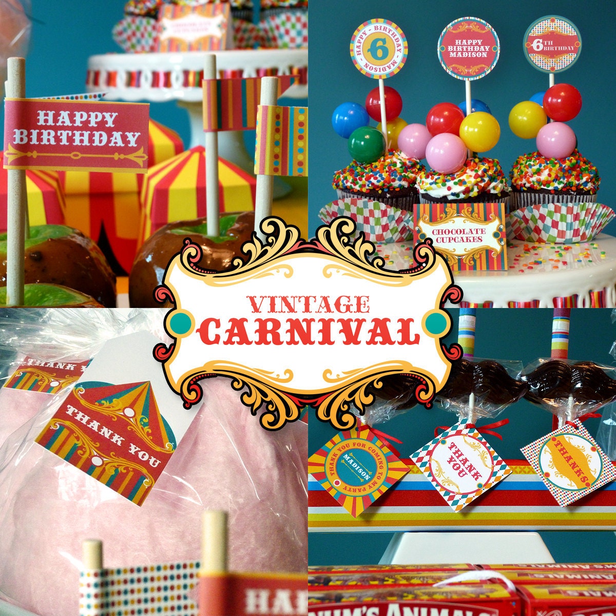 Vintage Carnival Circus Printable Birthday Party Package - Primary Colors - DIY Print