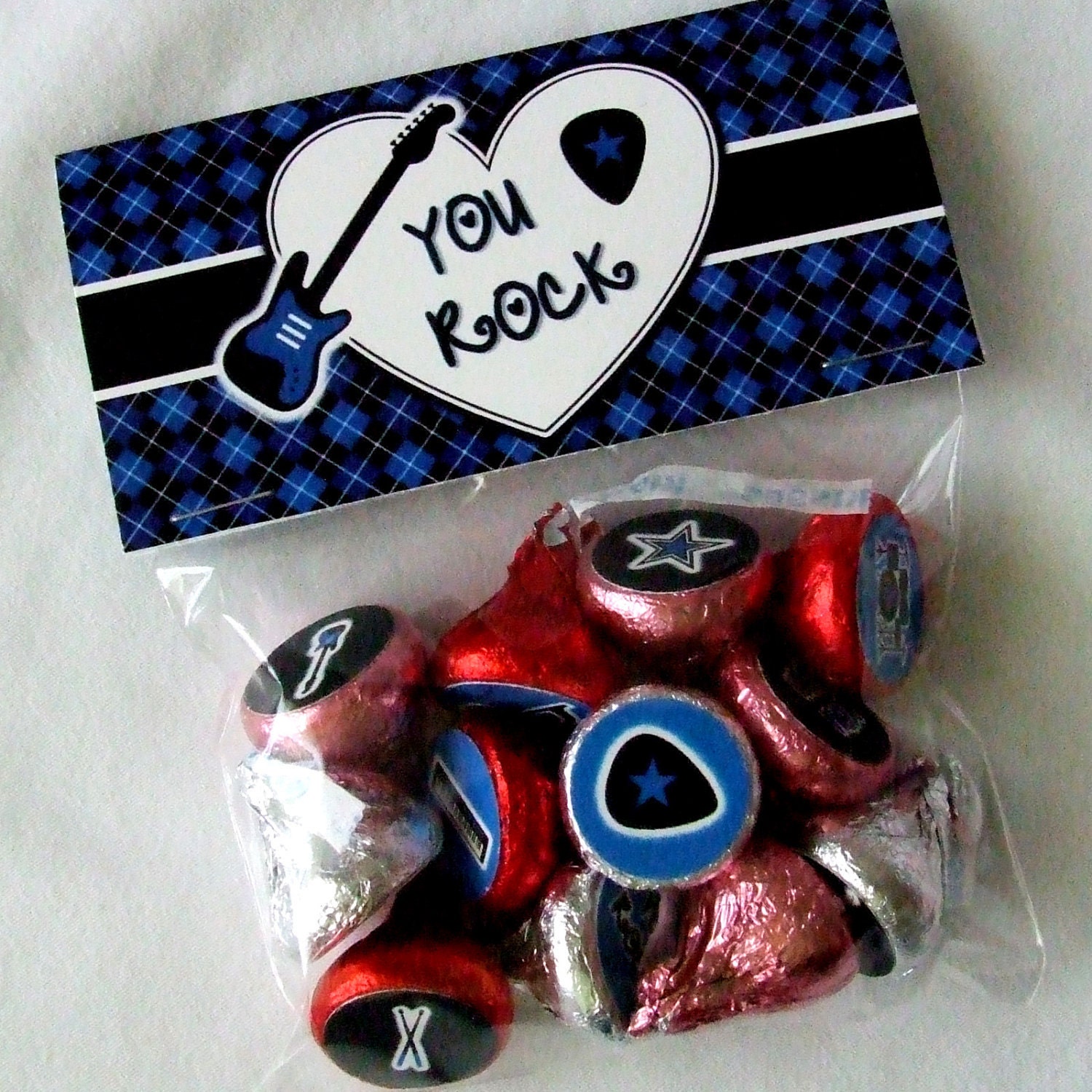 INSTANT DOWNLOAD - Printable Valentine Treat Bag Toppers & Hershey's Stickers Set - You Rock - Rock Star - Blue Only Il_170x135