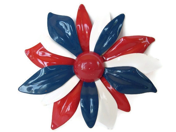 Vintage Enameled Flower Brooch Red, White and Blue 50's- 60s