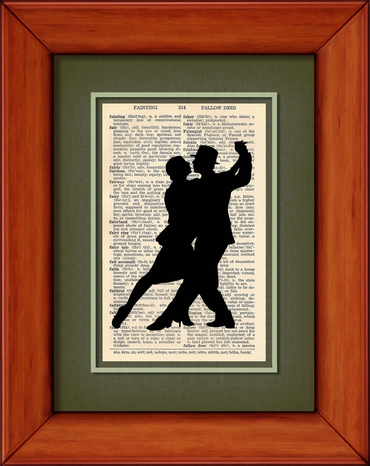 Dictionary Art Print - Couple Dancing Silhouette - 6 3/4" x 9 3/4" - Art Print on Upcycled Dictionary Page