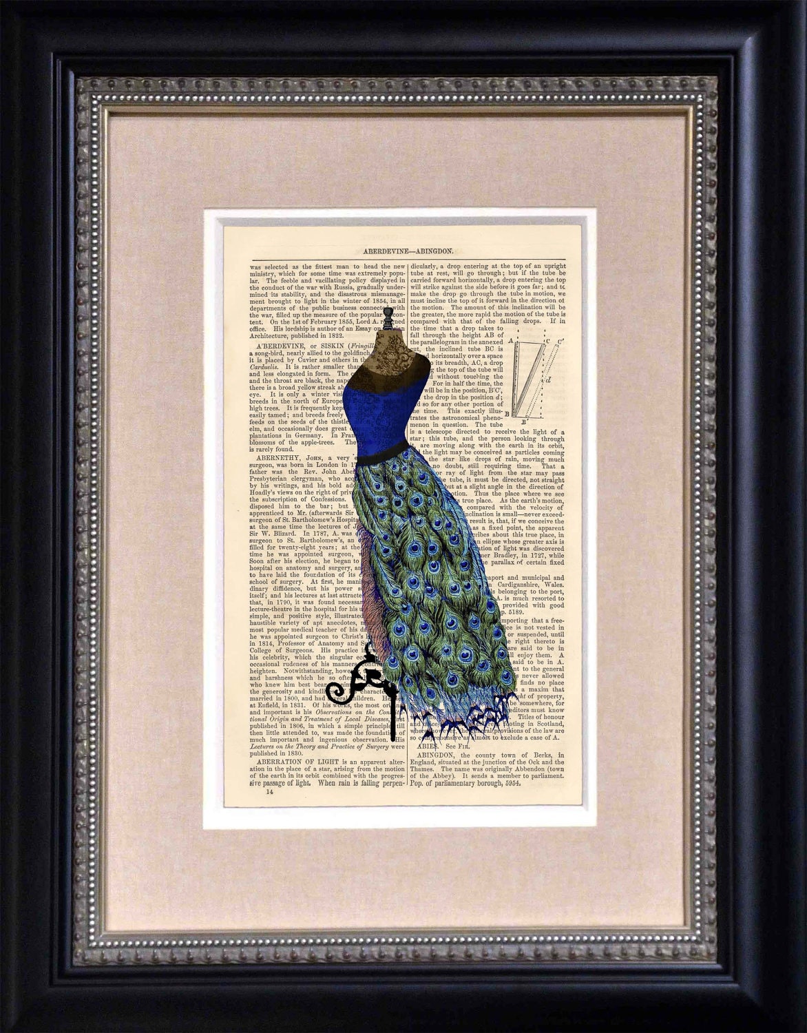 Art Print - Peacock Dress - 6 1/2" x 10" Encyclopedia Page - Art Print on Upcycled Encyclopedia Page