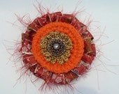 Brooch Pin Orange Mandarin crochet Flower Oriental Brocade