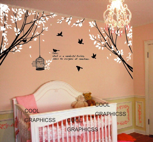 branch wall decal nursery wall decal bedroom decal children wall decal - Two Branch Corner with Flying Birds and Quote
