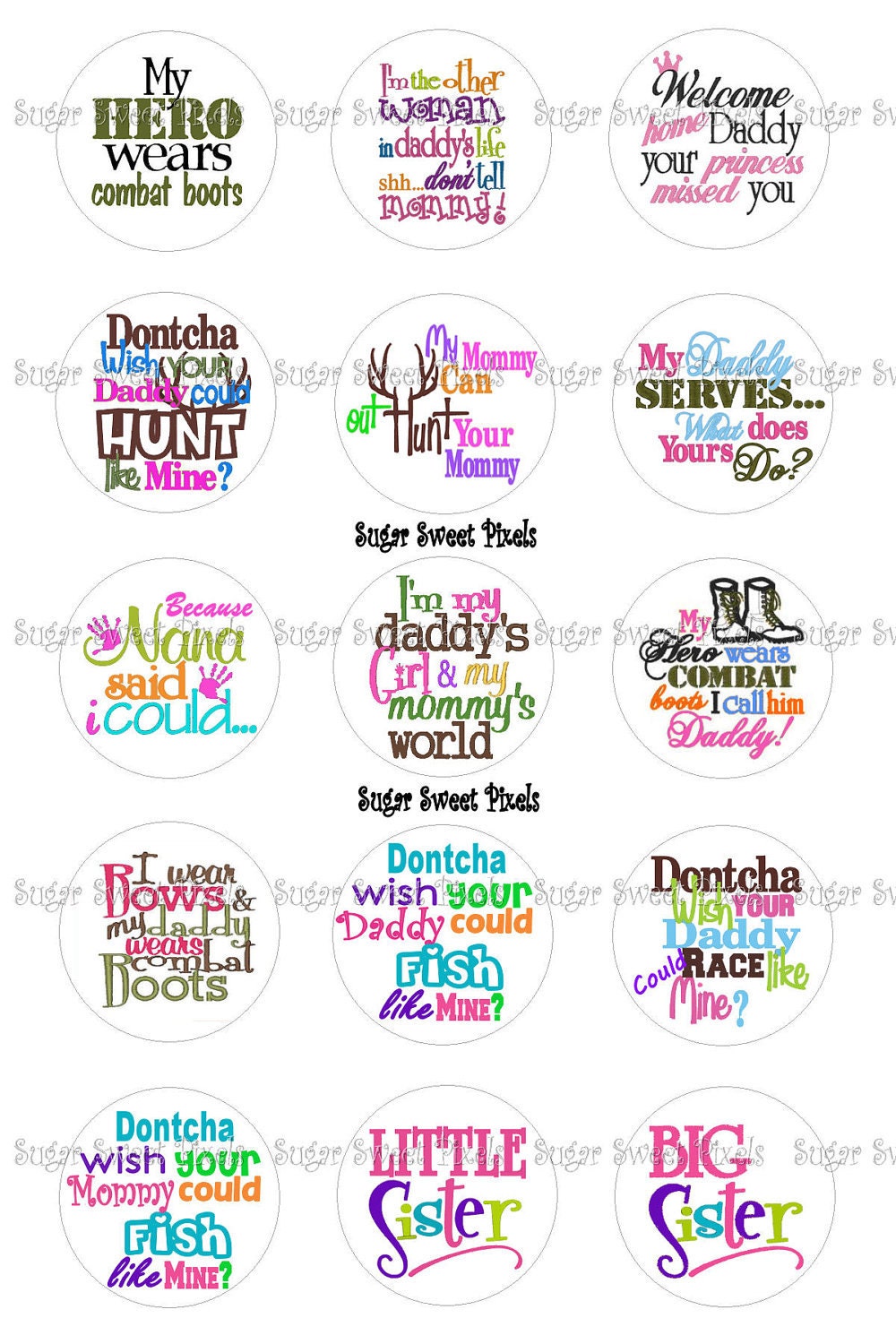 INSTANT DOWNLOAD Military, Hunting, & other sayings  1 inch Circle Bottlecap Images 4x6 sheet