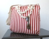 Sailor  Red And White Striped Messenger  bag and Hand Bag  Adjustable Cotton strap zipper closure For Women For New Mom beach Bag