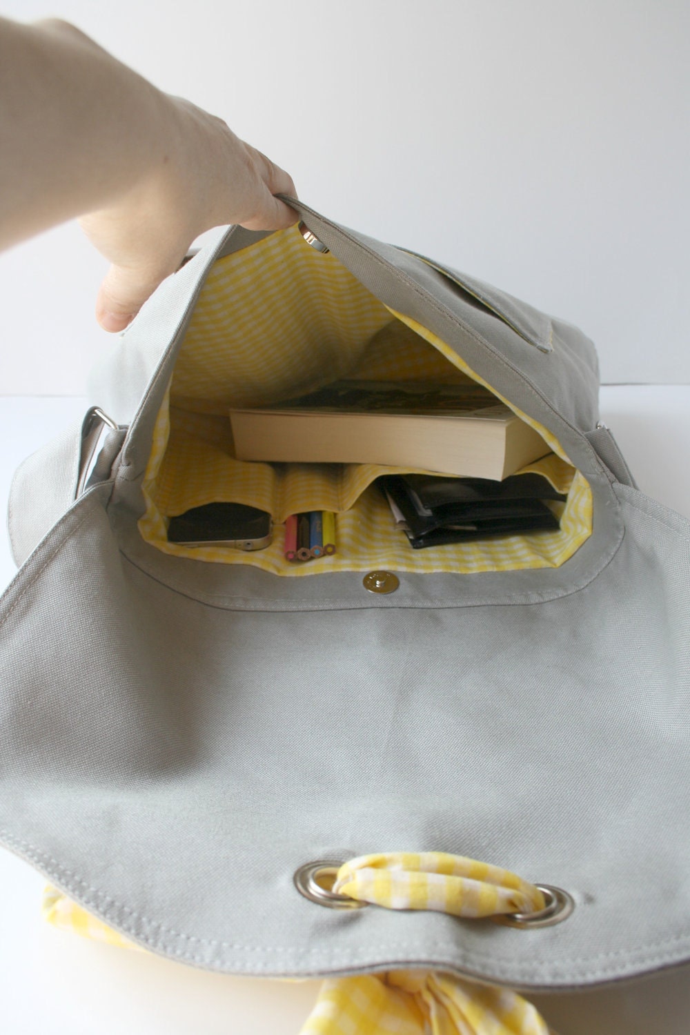 Gray Messenger  Bag  Yellow and White Gingham  Bow Adjustable strap For Women For New Mom