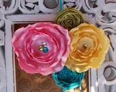 M2M Matilda Jane fabric good hart/House of Clouds Brooke hair sprinkles fabric flower headband Easter pink yellow teal green