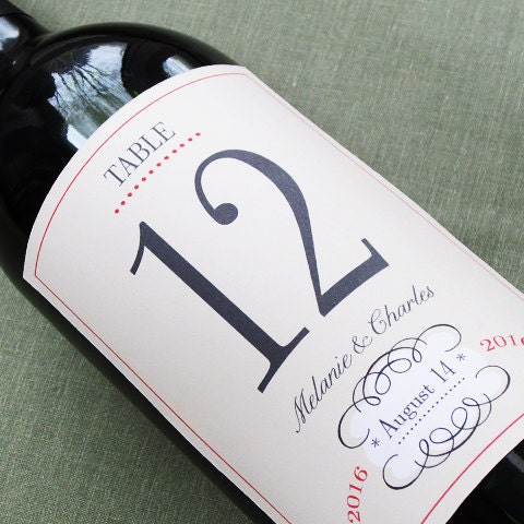 Wedding Table Number Wine Label with whimsical french design set of 12