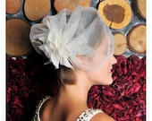 Feather Flower Birdcage Veil-Emmy, Ivory Wedding, Bridal, Flower, Feather Headpiece