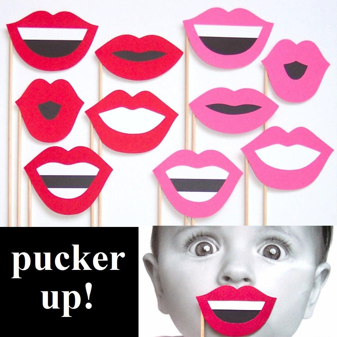 Pucker Up -  Photo Booth Props - Set of 10 - Red and Pink Lips