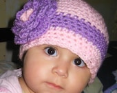Crochet Girl Beanie Flower Hat  And Leg Warmers Set Bright Purple and Pink Ready To Ship size12-18 months