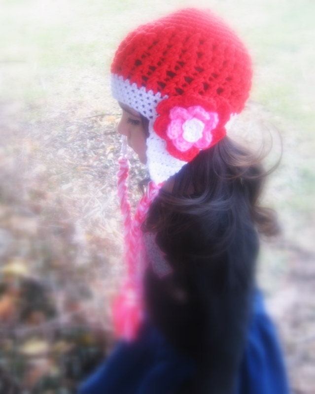 Crochet Valentine's Day Girl Earflap Hat Made Ready to Ship Red White And Pink