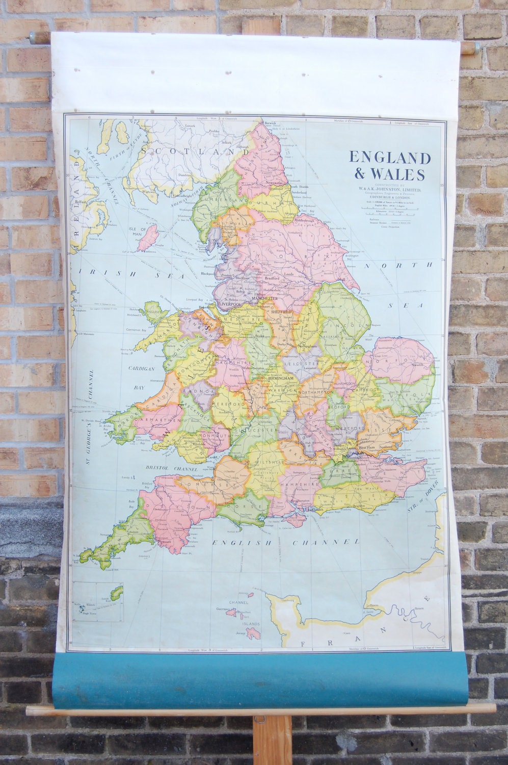 Vintage Pull Down School Map - England & Wales W. A.K. Johnston, Limited Edinburgh and London