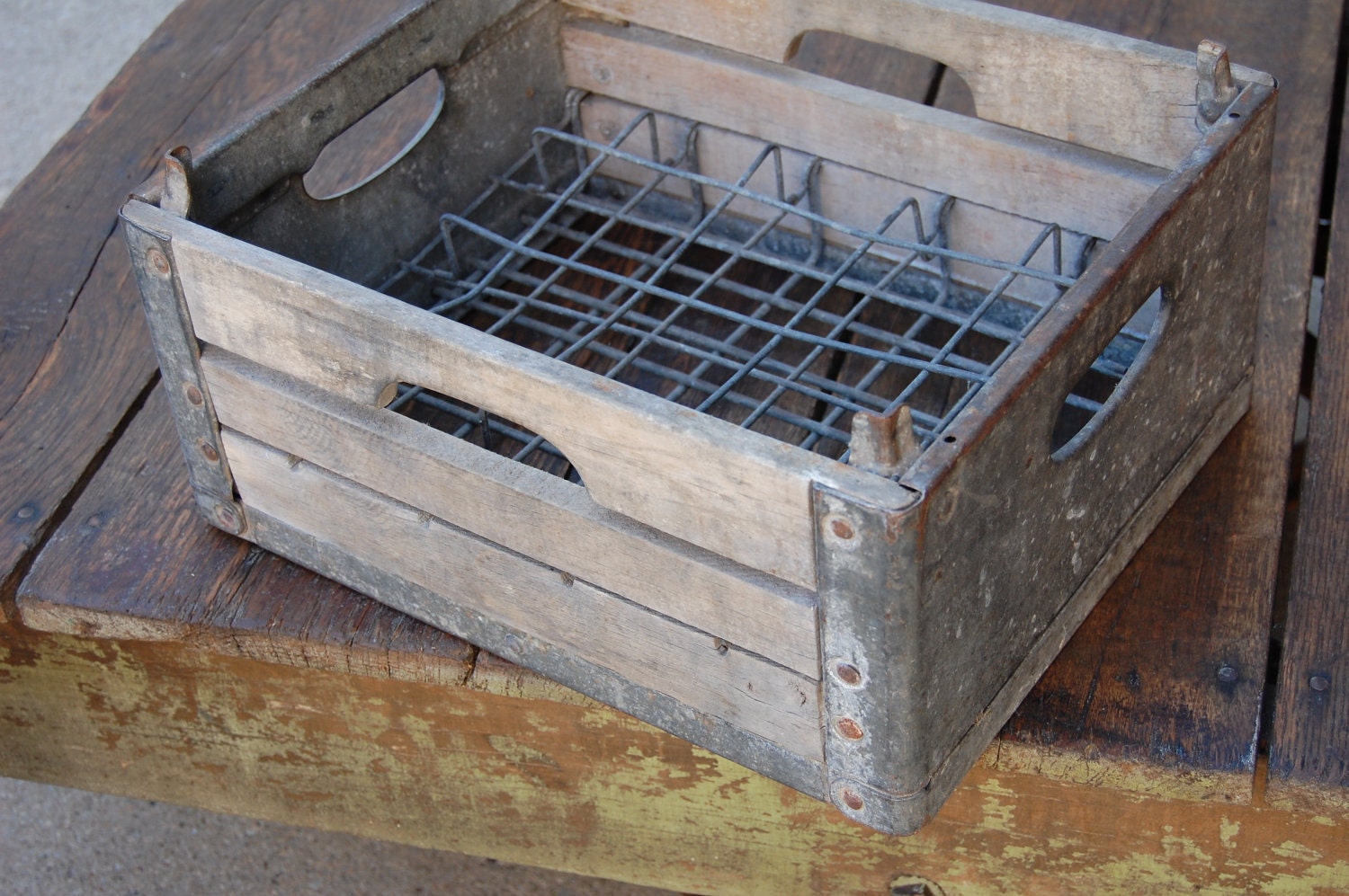 Vintage Farm Industrial Wood & Metal Milk Crate Box