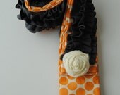DSLR Camera Strap Cover- Orange adn Cream Polka Dots with Grey Double Ruffle and Rosette Pin- FREE Pocket Mirror Included