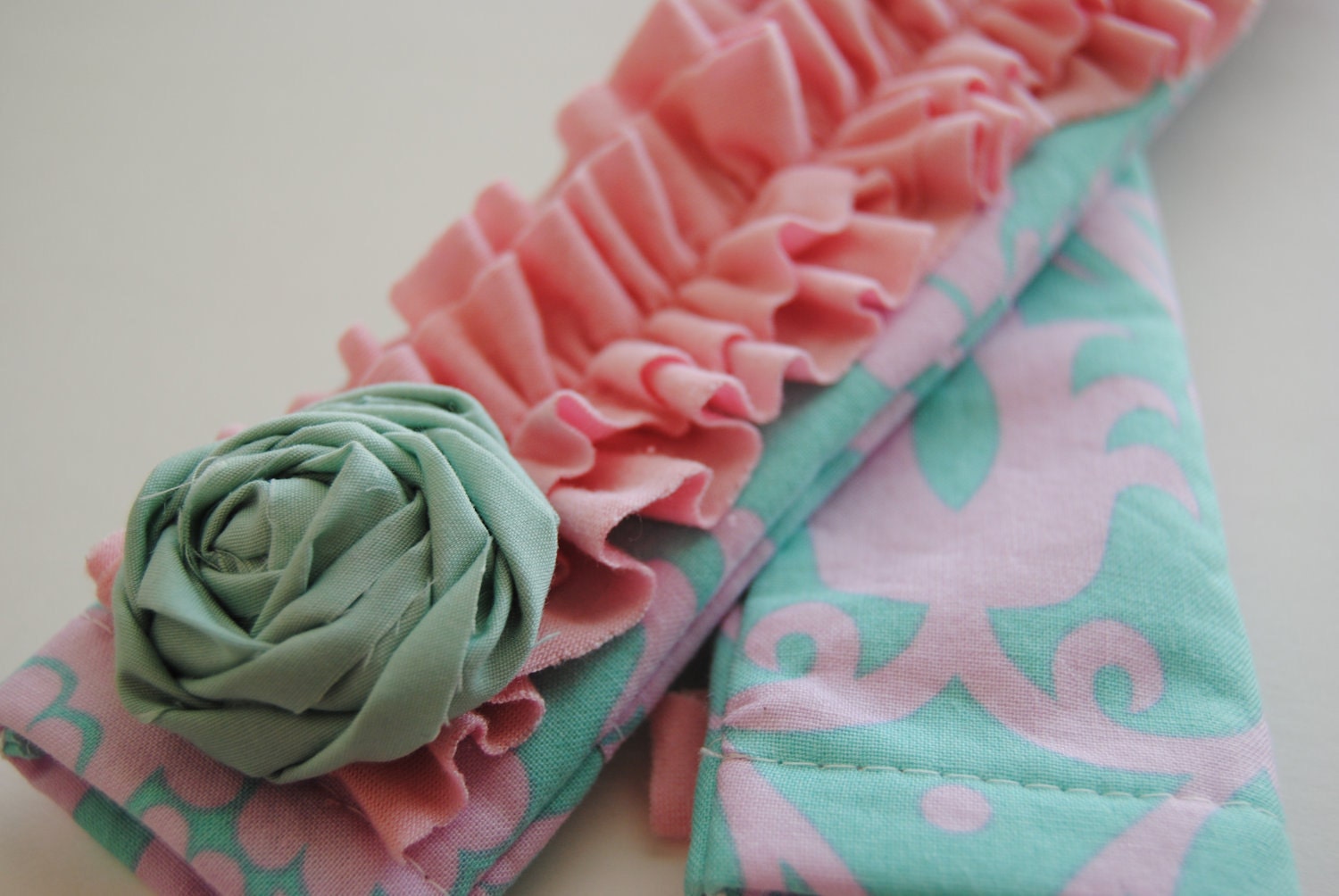 DSLR Ruffle Camera Strap Cover-Pink and Aqua Floral with Pink Double Ruffle and Rosette Pin