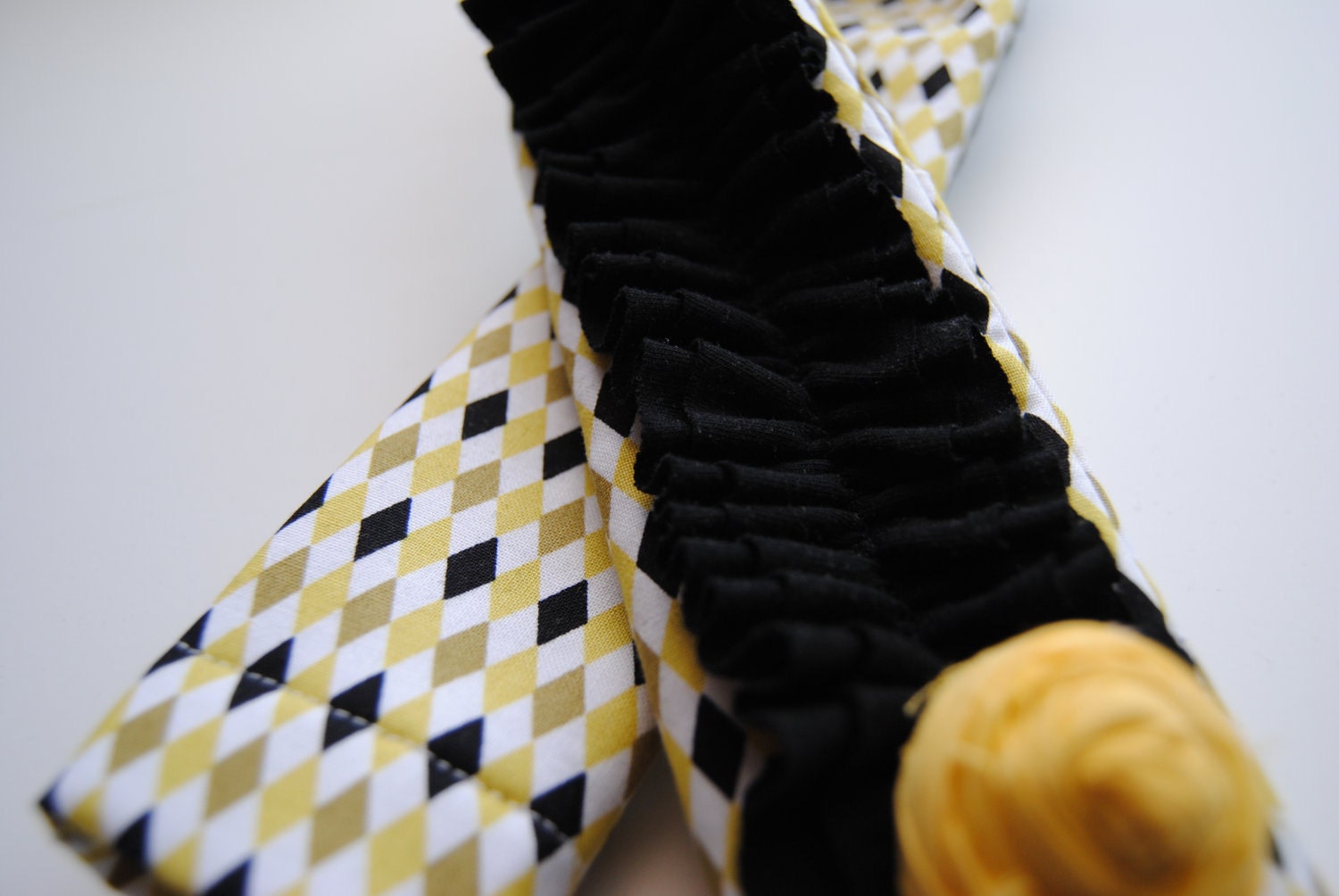 DSLR Camera Strap Cover- Colorful Grey, Black and Yellow Tiny Diamonds with Black Double Ruffle and Rosette Pin and Lens Cap Pocket