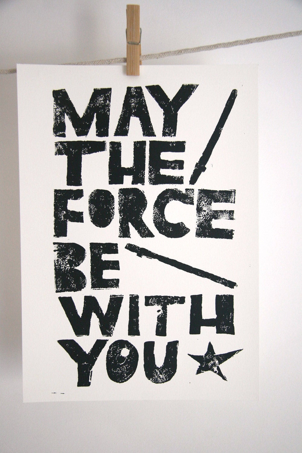 May the Force be with You, Star Wars Block Print, office decor - Linoleum letterpress Art poster in black, kids wall art, retro catchphrase