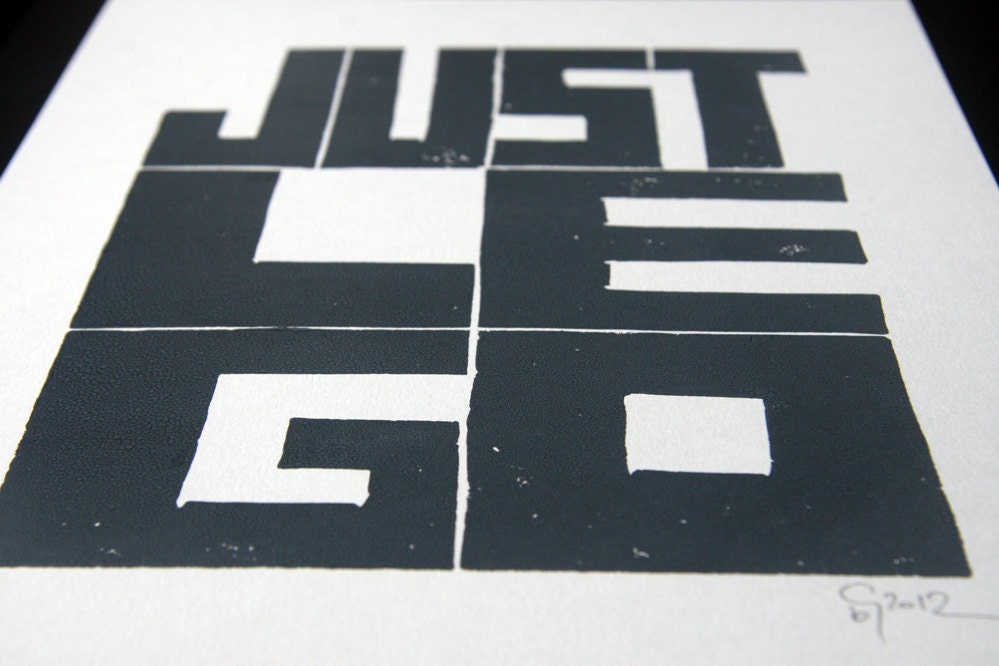 LINOCUT PRINT - Just play or Just  Le go  - Linoleum letterpress typography Archival Art Print gray