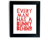 Lino cut Print - Every man has a bunny behind - Linocut Art Print Red