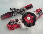 Red & Black Damask Wedding Garter Set Feathers and Brooch