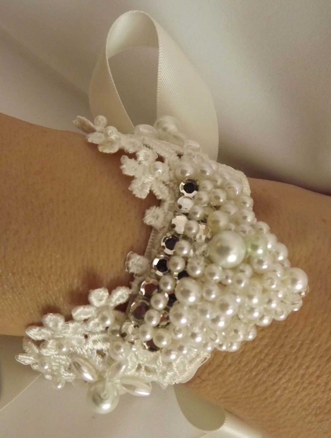 Ivory Lace Wedding Bracelet, Pearls, Crystals, Vintage Lace, Angel Wings