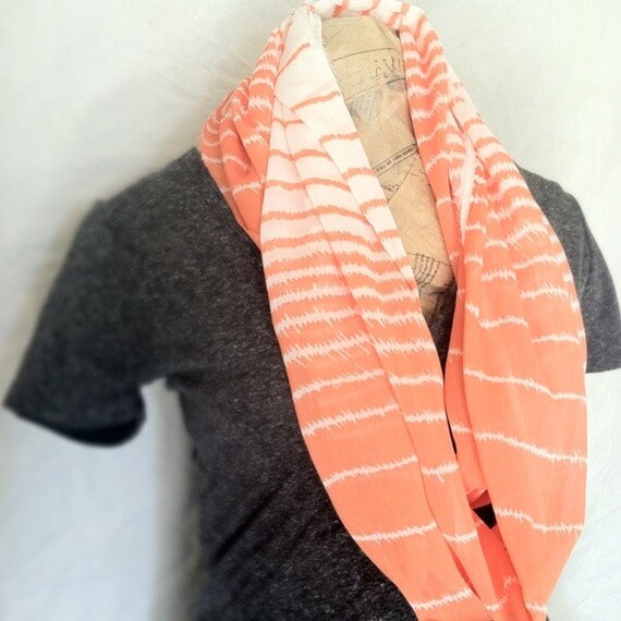 Coral, Salmon, Striped Infinity Circle Scarf (women, teen girl) FREE SHIPPING
