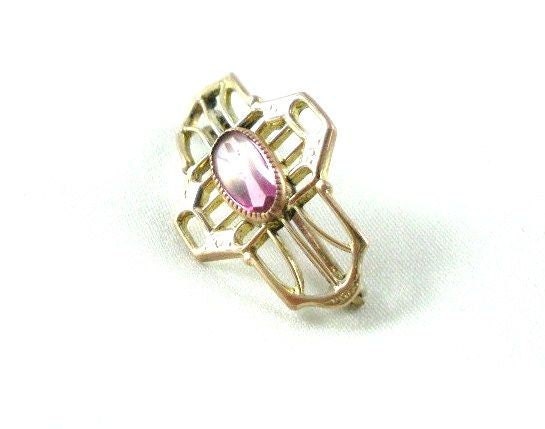 c1895 Victorian Amethyst Glass Brooch Small Antique Gold Tone & Purple Pin