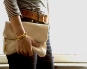 Leather Foldover Clutch with Brass Zipper Closure in White