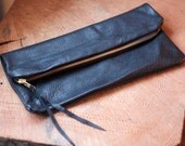 NEW Leather Foldover Clutch with Brass Zipper Closure in Black