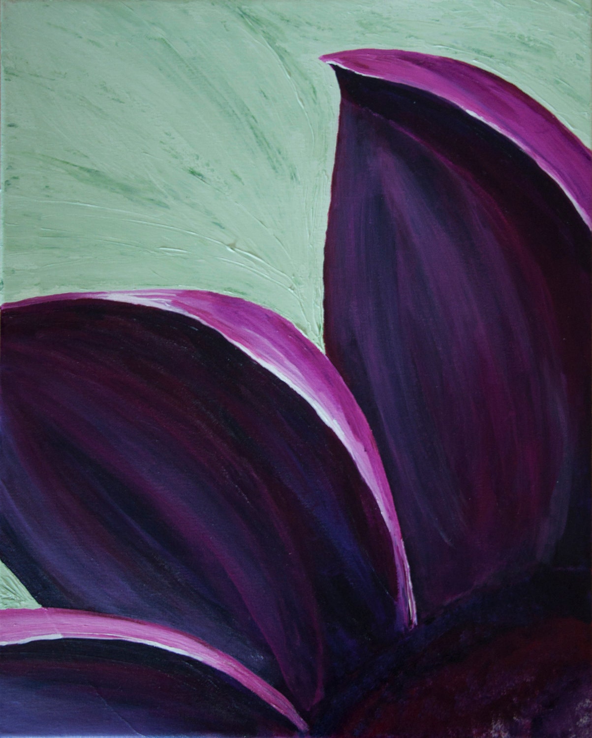 Purple and pink flower on green acrylic painting on canvas
