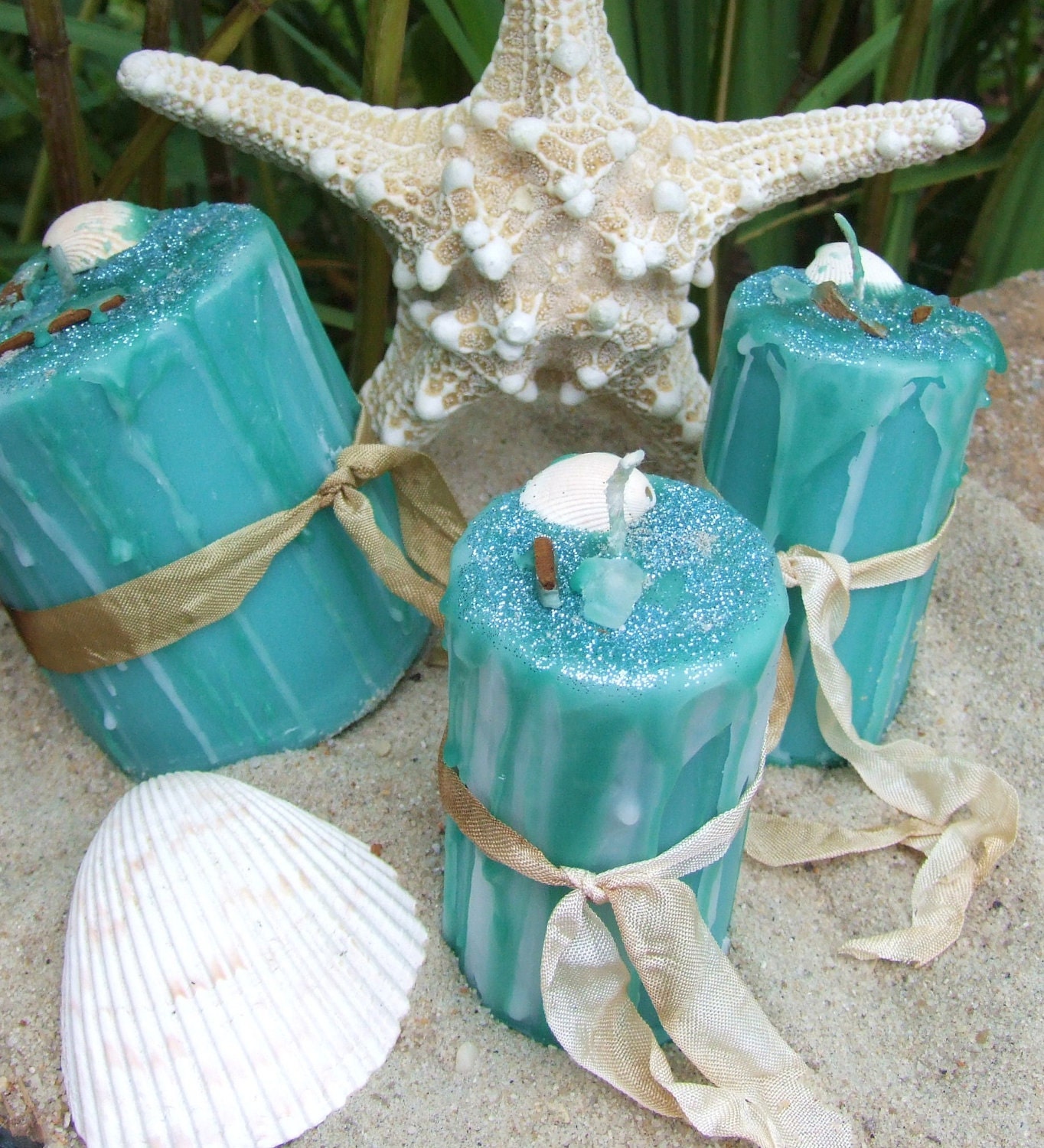 Sacred Sea. Enchanted Witchery Candle. 3x3 Mystic Sea Scent. Sea Glass. Drift Wood. Shells. Cleansing, Puification, Inspiration.