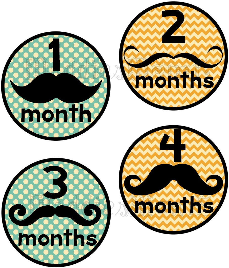 Mustache Monthly Onesie Stickers - Harry -Baby Boy Blue Orange Yellow