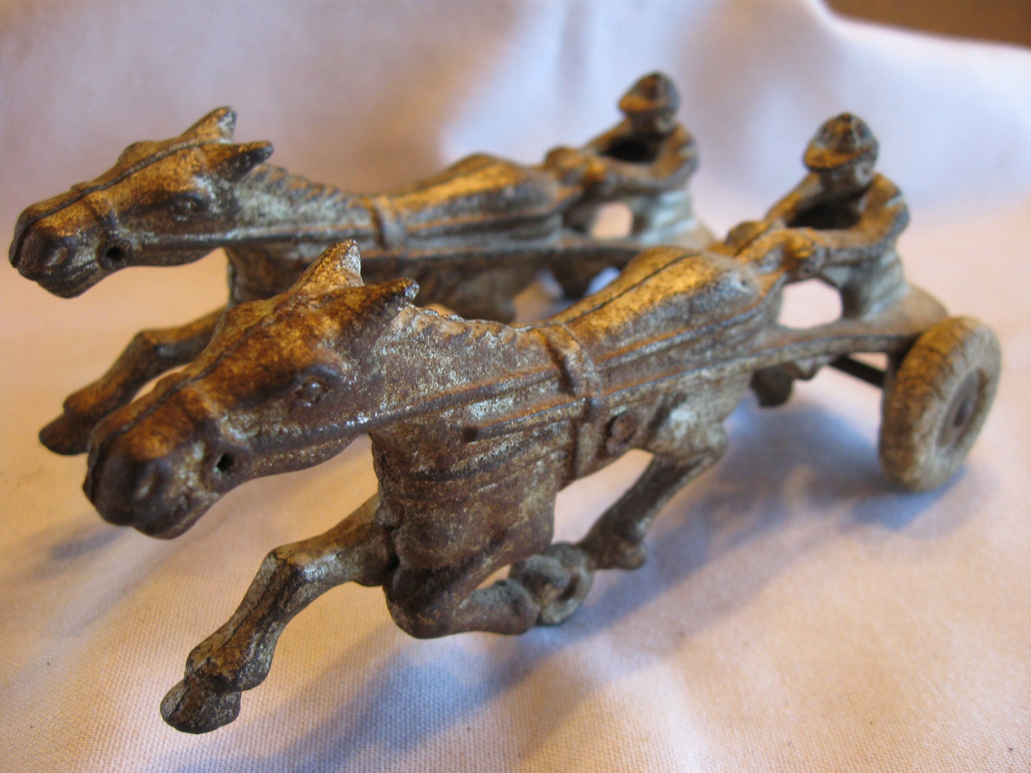 Antique Cast Iron Toy Horses Harness Racing