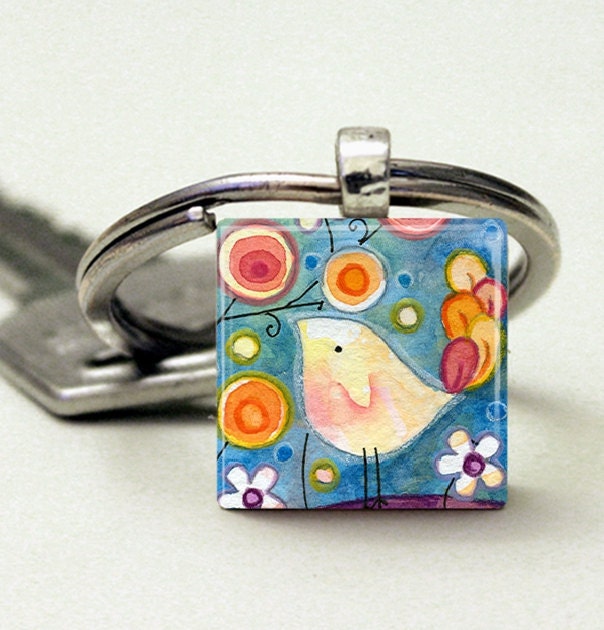 Little Bird, Spring Colors Photo Pendant, Art Pendant, Glass Dome Pendant Keychain, no 054-26