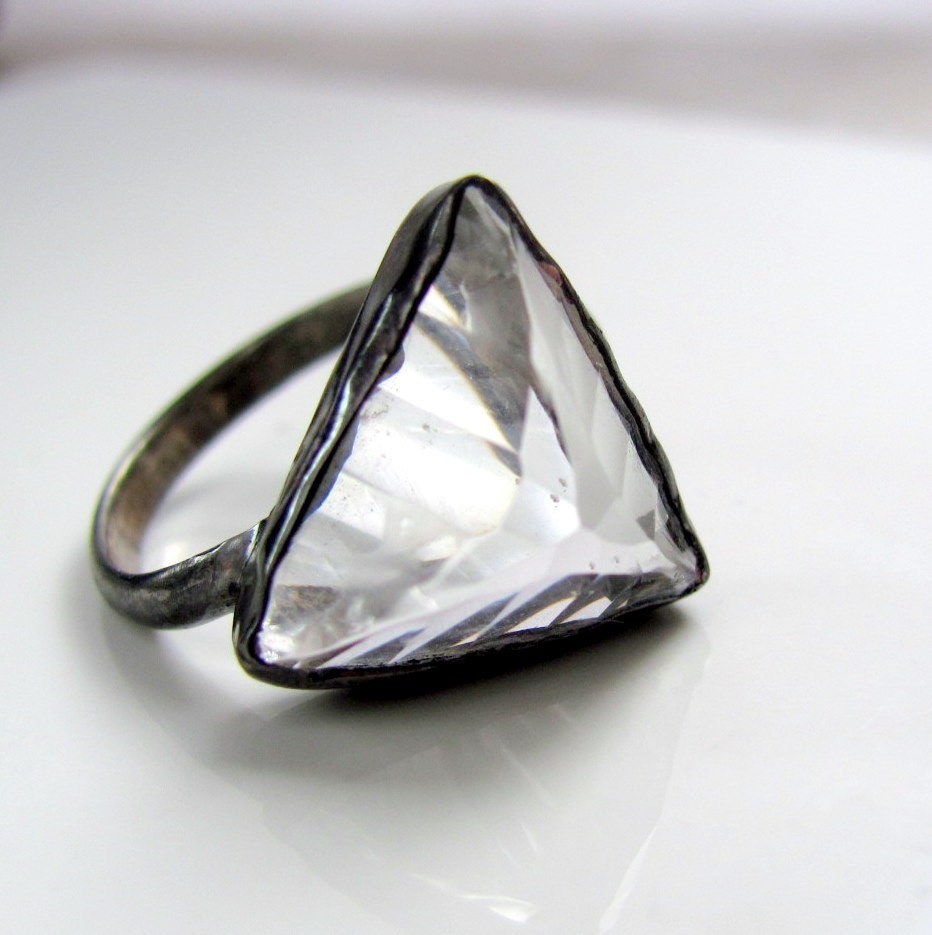 rock crystal quartz ring Handmade sterling silver metalwork size 8 Faceted trillion cut  Art jewelry by Raredesign