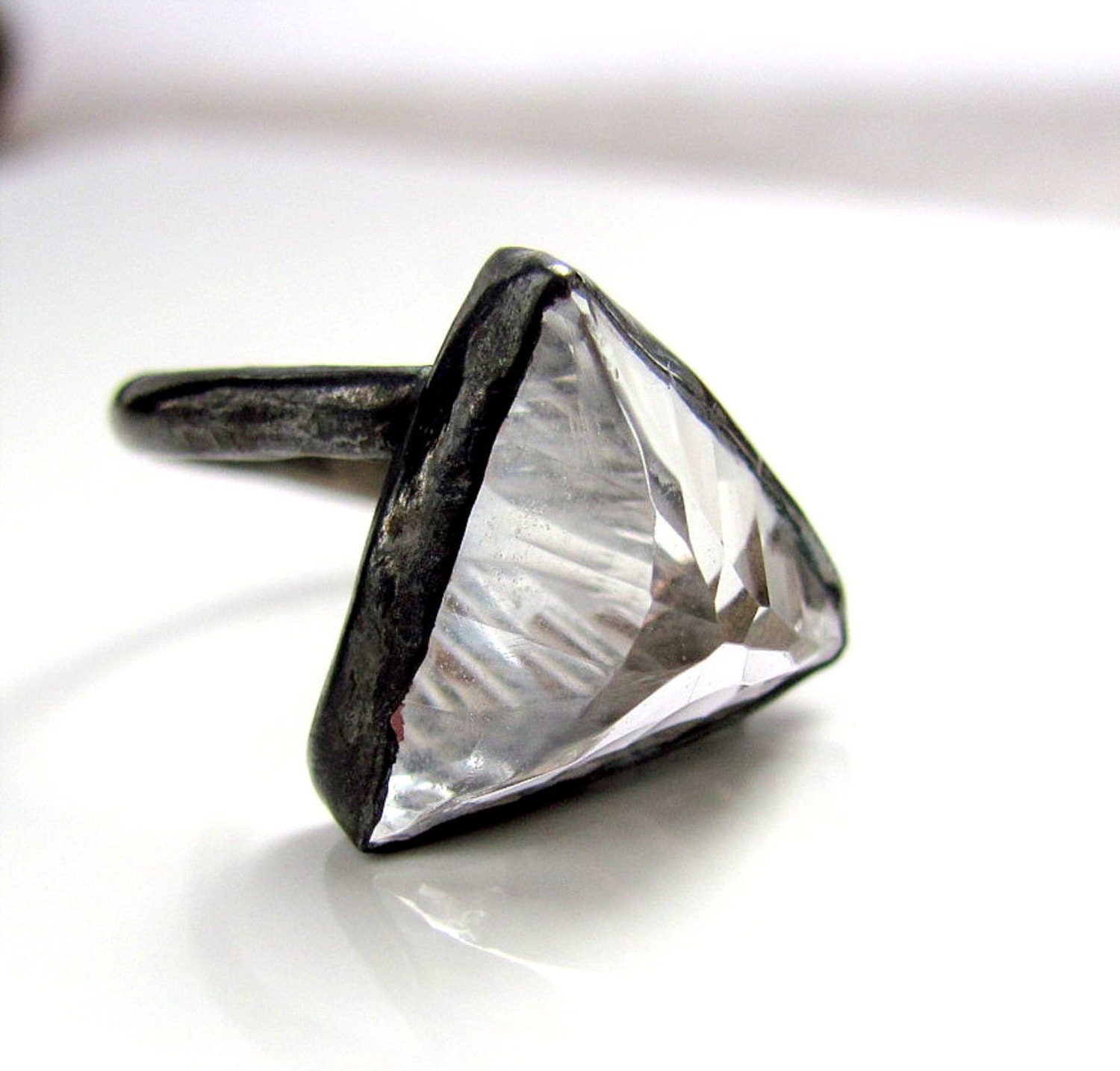 rock crystal quartz ring Handmade sterling silver metalwork size 8 Faceted trillion cut  Art jewelry by Raredesign