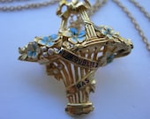 Antique 18K Gold and Enamel Forget Me Not Basket Pendant Brooch From France