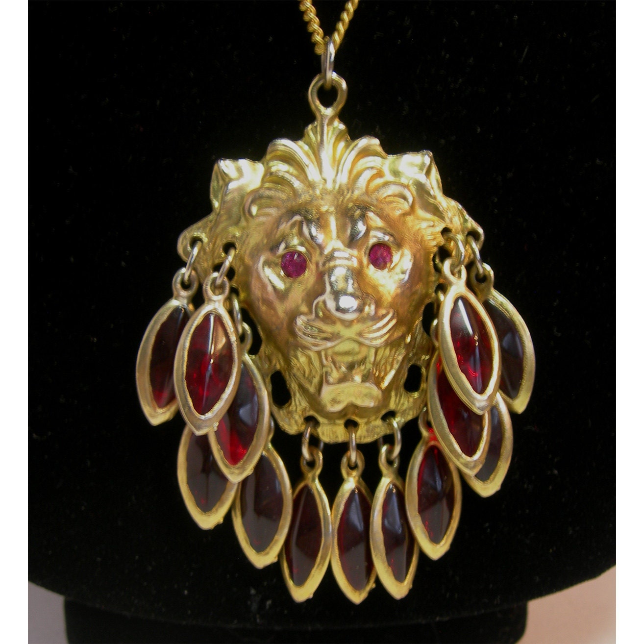 Reserved - Lion's Head Pendant Necklace with Red Dangles